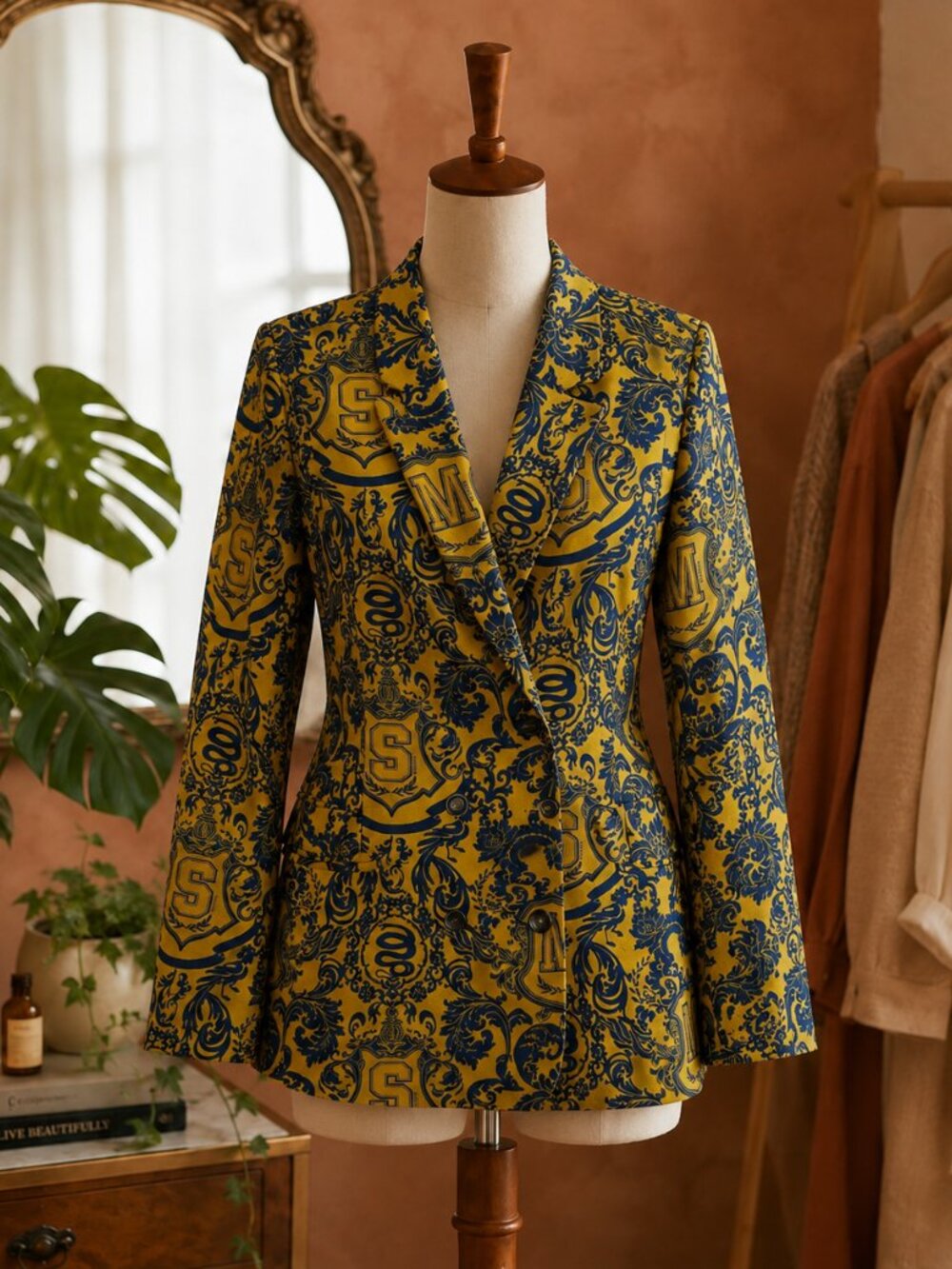 WORTHINGTON Yellow & Navy Patterned Blazer Jacket